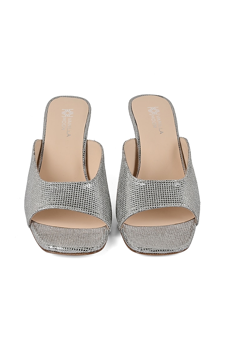 Silver Leather Heeled Slip-Ons by VANILLA MOON at Pernia's Pop Up Shop
