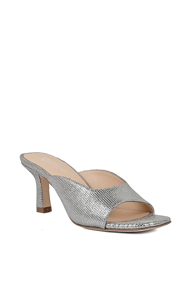 Silver Leather Heeled Slip-Ons by VANILLA MOON at Pernia's Pop Up Shop