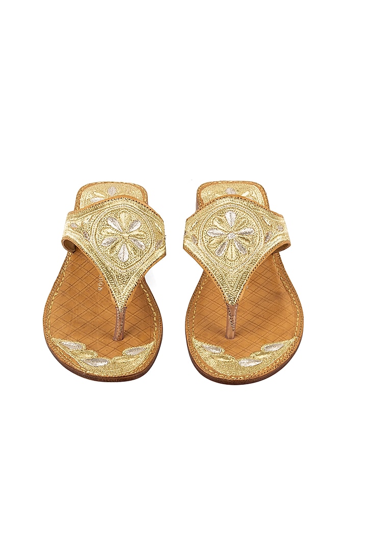 Gold Leather Metallic Floral Embroidered Flats by VANILLA MOON