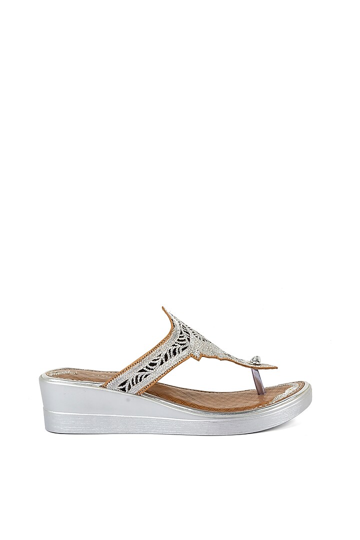Silver Leather Ornate Embroidered Wedges by VANILLA MOON at Pernia's Pop Up Shop
