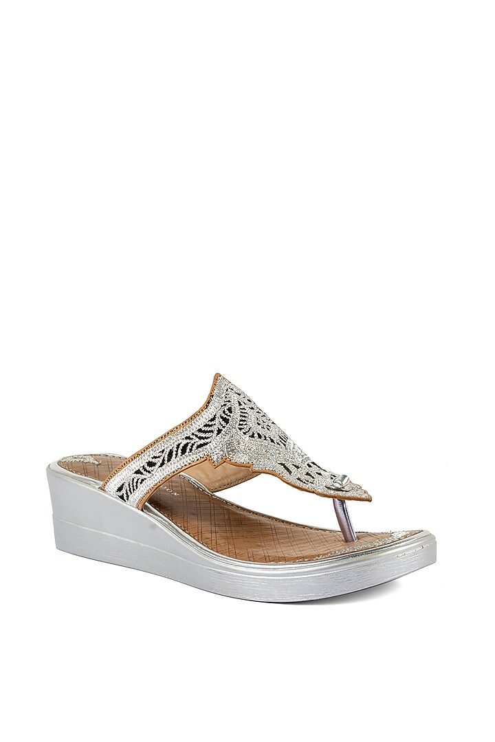 Silver Leather Ornate Embroidered Wedges by VANILLA MOON at Pernia's Pop Up Shop
