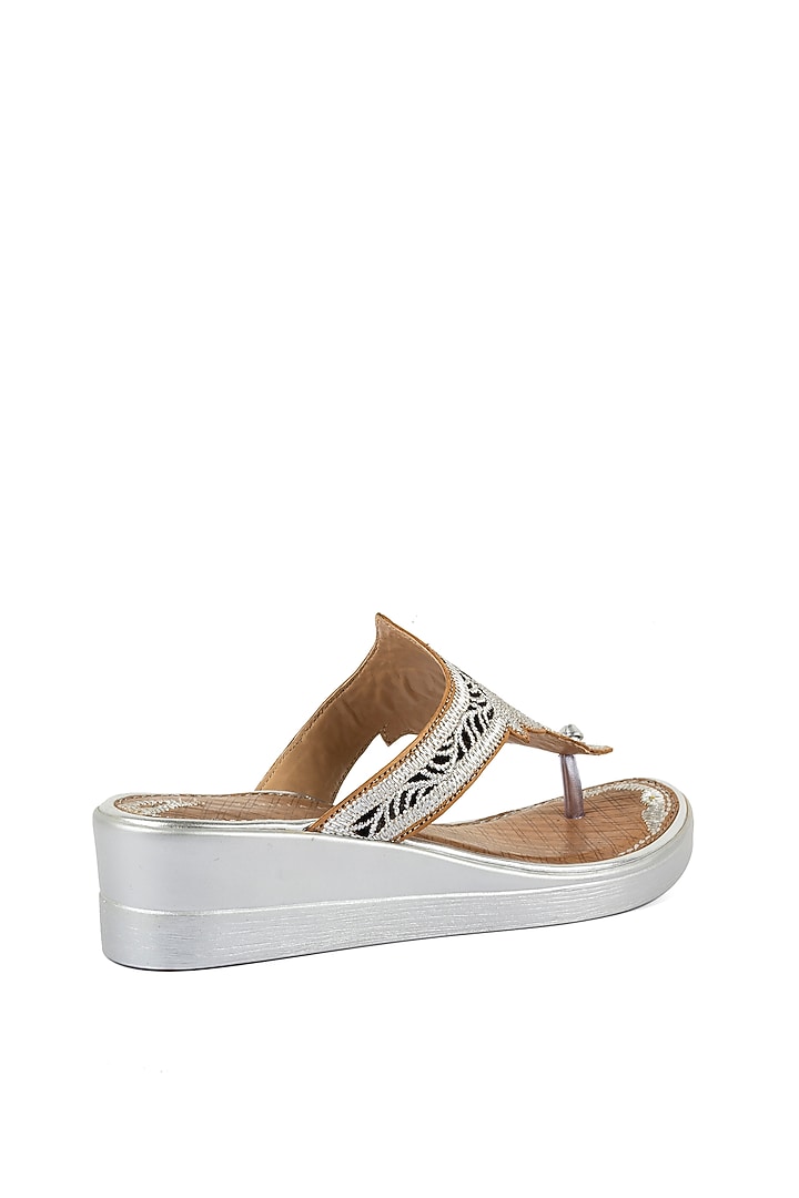 Silver Leather Ornate Embroidered Wedges by VANILLA MOON at Pernia's Pop Up Shop
