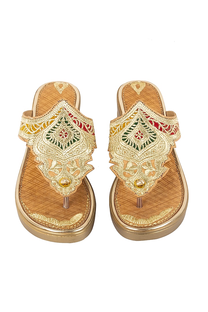 Gold Leather Embroidered Wedges by VANILLA MOON