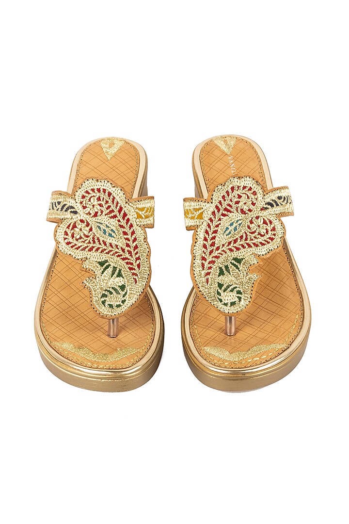 Gold Leather Embroidered Wedges by VANILLA MOON