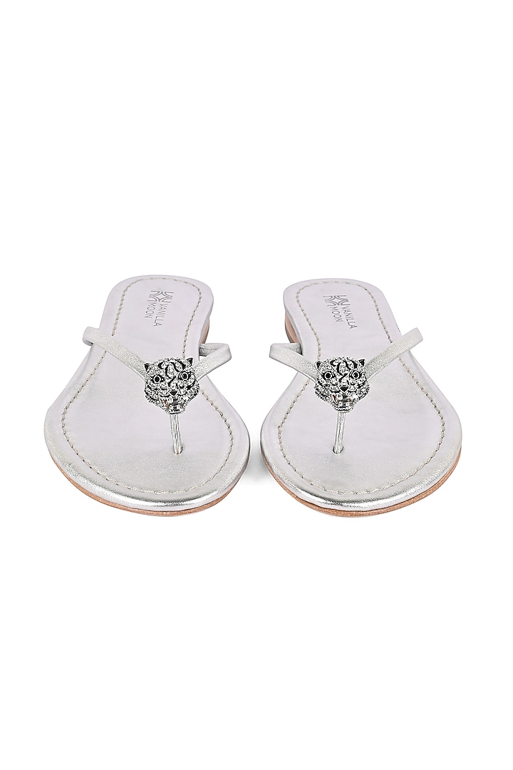 Silver Leather Crystal Embellished Flats by VANILLA MOON