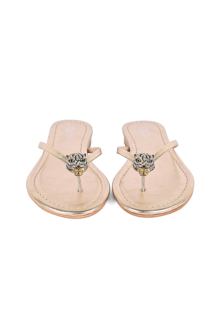 Gold Leather Crystal Embellished Flats by VANILLA MOON