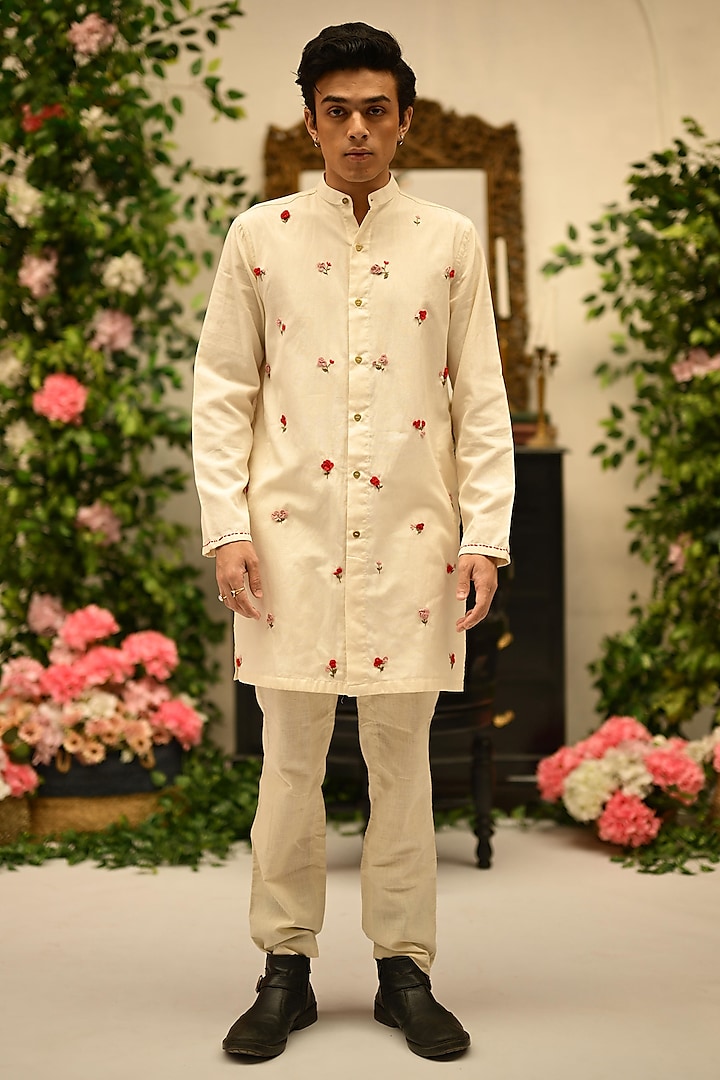 Ivory Organic Cotton Hand Embroidered Kurta by VAANI BESWAL MEN