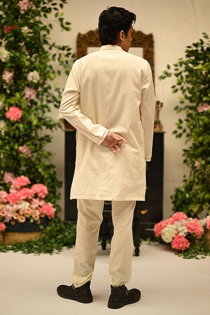 Ivory Organic Cotton Hand Embroidered Kurta by VAANI BESWAL MEN at Pernia's Pop Up Shop