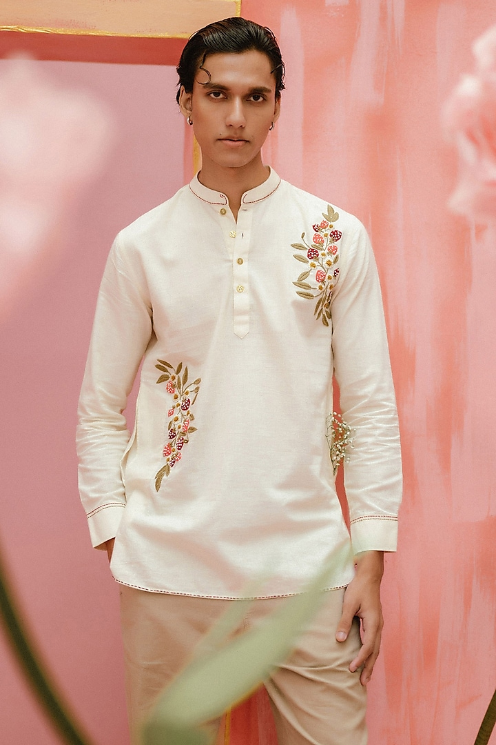 Ivory Handwoven Cotton Hand Embroidered Kurta by VAANI BESWAL MEN