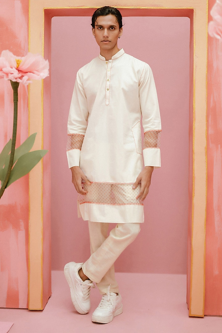 Ivory Organic Cotton Block Printed Kurta by VAANI BESWAL MEN