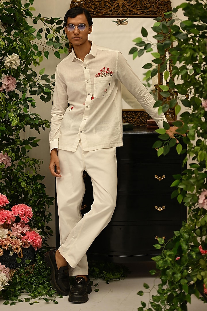 Ivory Handwoven Cotton Hand Embroidered Shirt by VAANI BESWAL MEN