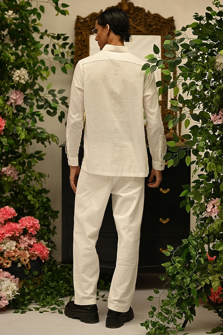 Ivory Handwoven Cotton Hand Embroidered Party Wear Shirt by VAANI BESWAL MEN at Pernia's Pop Up Shop