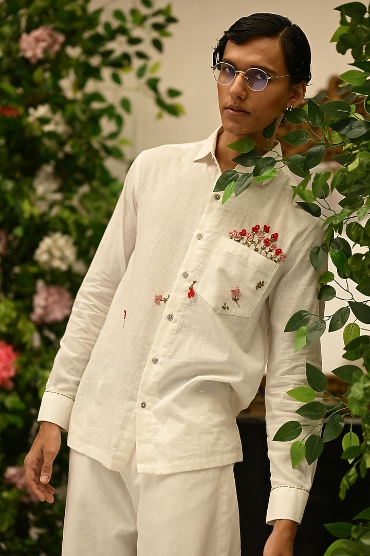 Ivory Handwoven Cotton Hand Embroidered Party Wear Shirt by VAANI BESWAL MEN at Pernia's Pop Up Shop