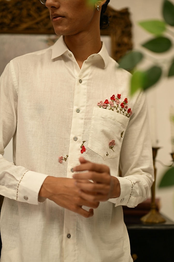 Ivory Handwoven Cotton Hand Embroidered Party Wear Shirt by VAANI BESWAL MEN at Pernia's Pop Up Shop