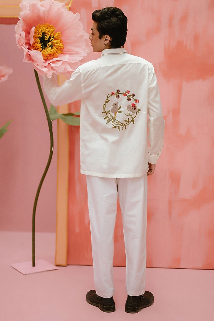 Ivory Handwoven Cotton Hand Embroidered Party Wear Shirt by VAANI BESWAL MEN at Pernia's Pop Up Shop