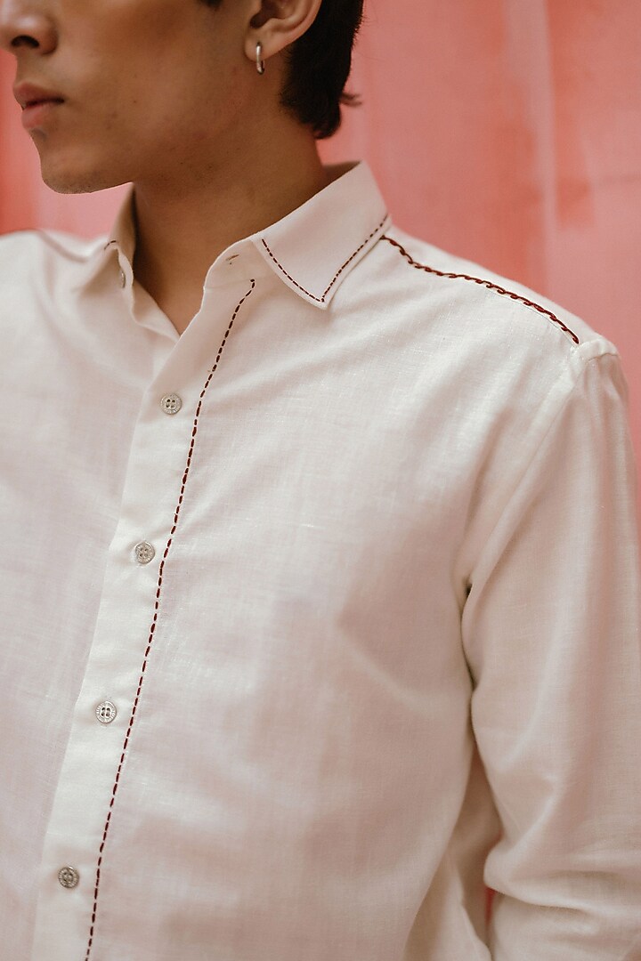 Ivory Handwoven Cotton Hand Embroidered Party Wear Shirt by VAANI BESWAL MEN at Pernia's Pop Up Shop