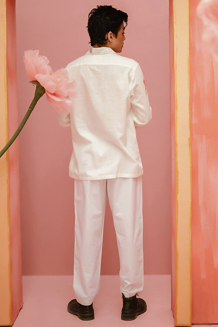 Ivory Handwoven Cotton Hand Embroidered Party Wear Shirt by VAANI BESWAL MEN at Pernia's Pop Up Shop