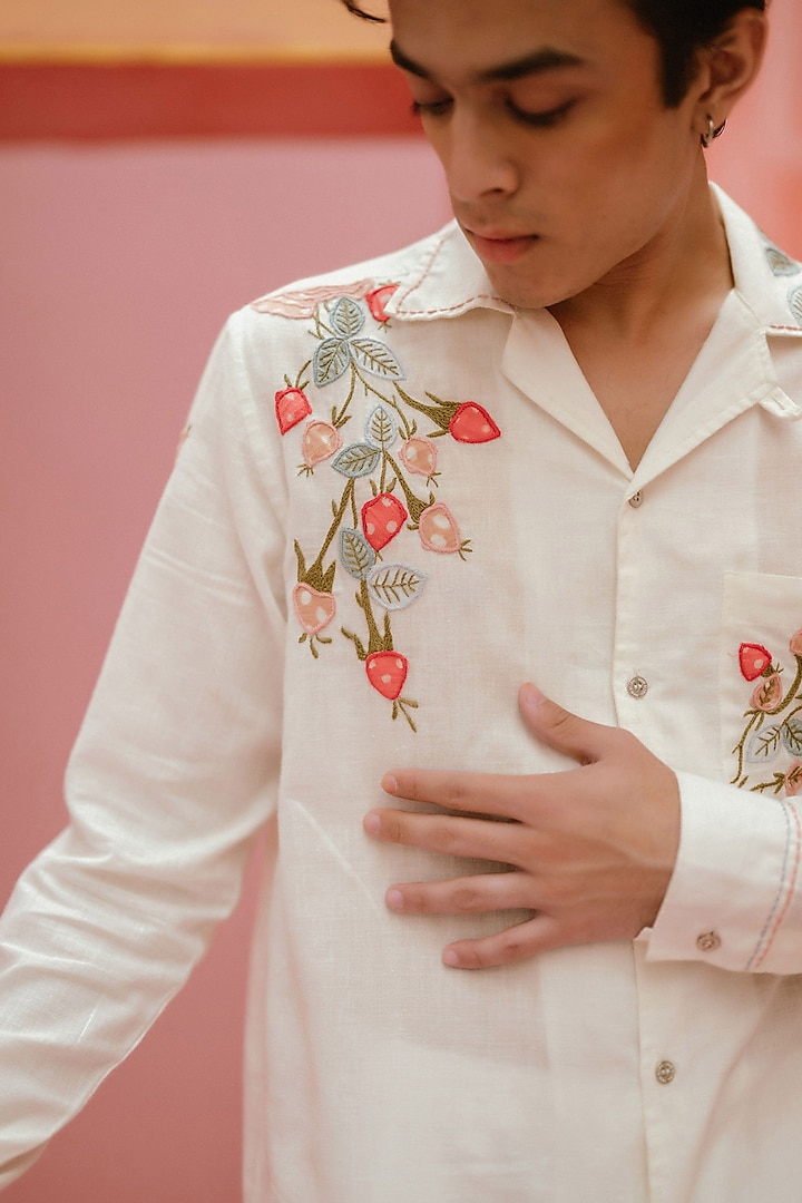 Ivory Handwoven Cotton Hand Embroidered Party Wear Shirt by VAANI BESWAL MEN at Pernia's Pop Up Shop