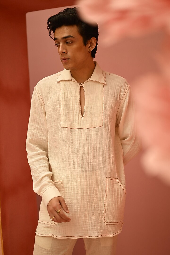 Ivory Organic Muslin Gauze Summer Shirt by VAANI BESWAL MEN at Pernia's Pop Up Shop