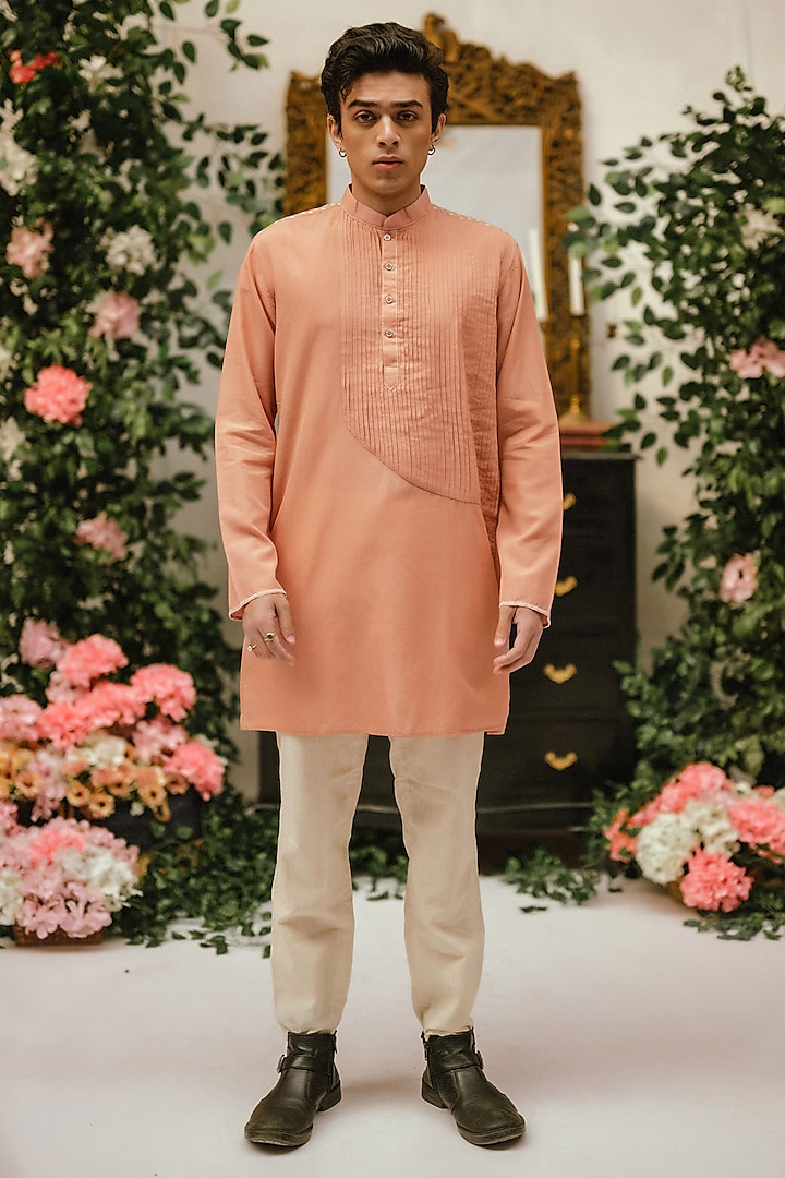 Peach Organic Cotton Pintuck Kurta by VAANI BESWAL MEN