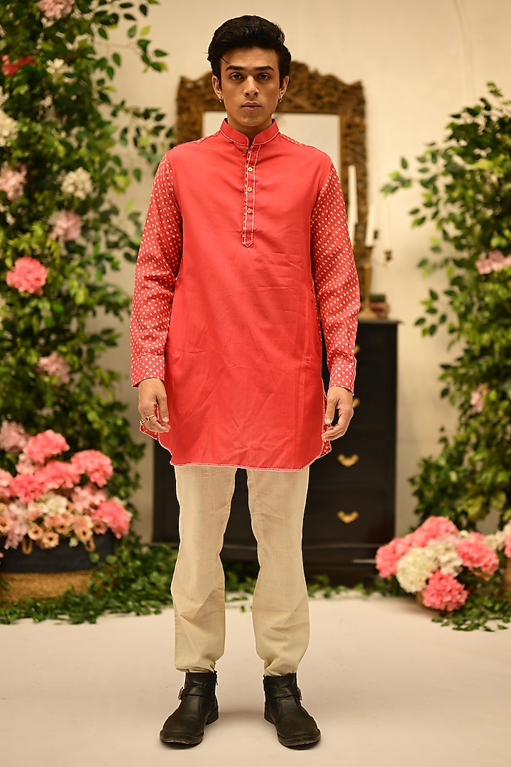 Red Organic Cotton Handblock Printed Kurta by VAANI BESWAL MEN