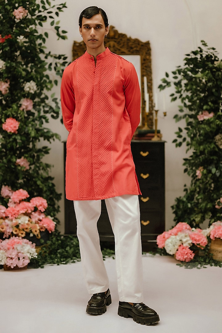 Red Organic Cotton Pintucks Kurta by VAANI BESWAL MEN