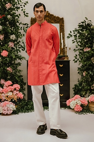 Red Organic Cotton Pintucks Kurta by VAANI BESWAL MEN