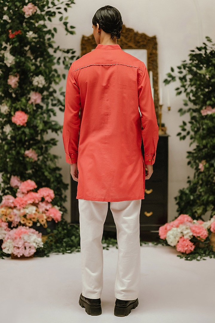 Red Organic Cotton Pintucks Kurta by VAANI BESWAL MEN at Pernia's Pop Up Shop