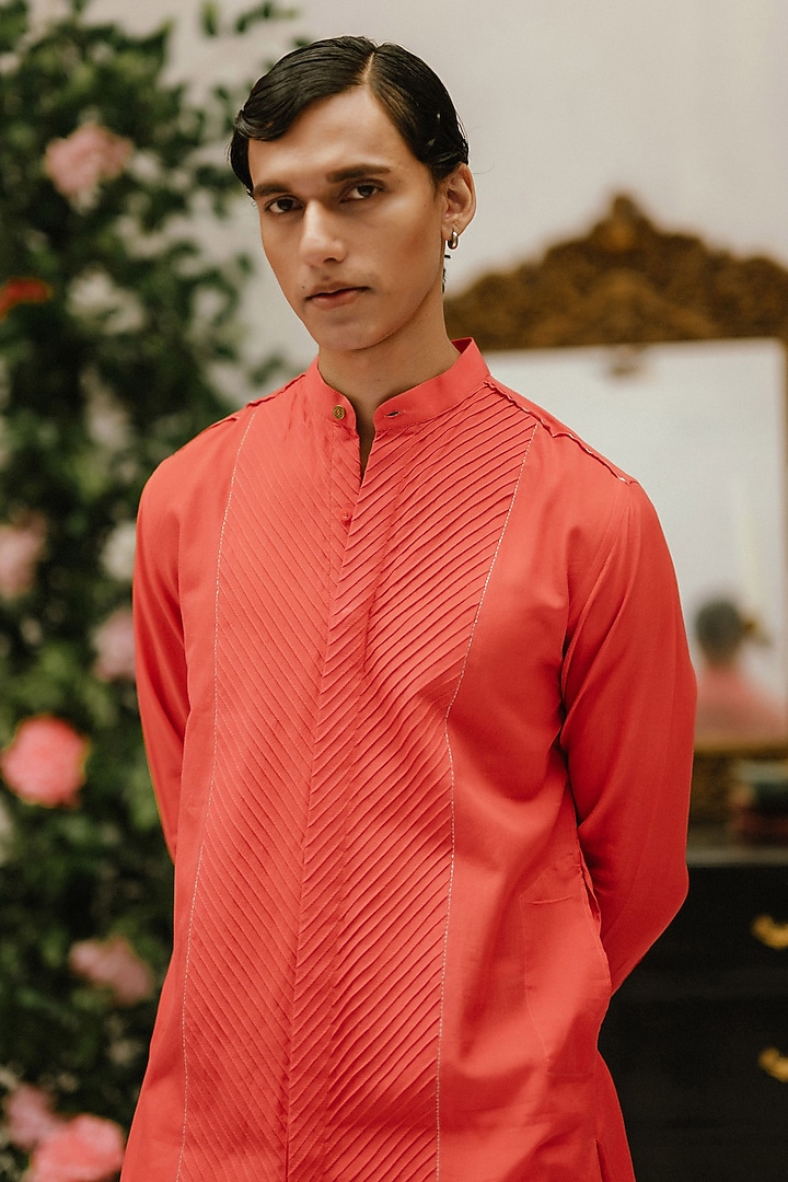 Red Organic Cotton Pintucks Kurta by VAANI BESWAL MEN at Pernia's Pop Up Shop