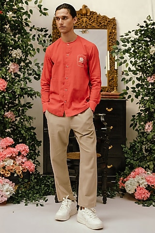 Red Handwoven Cotton Hand Embroidered Shirt by VAANI BESWAL MEN
