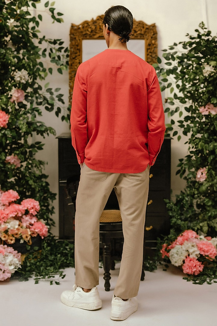 Red Handwoven Cotton Hand Embroidered Party Wear Shirt by VAANI BESWAL MEN at Pernia's Pop Up Shop