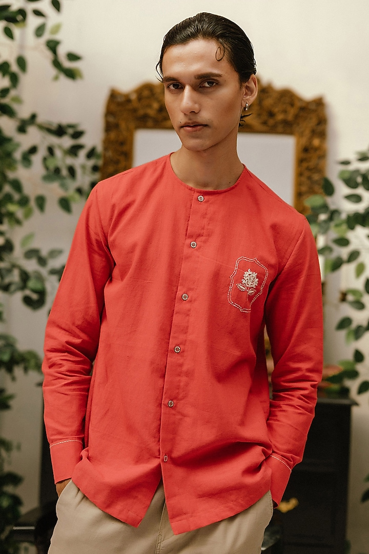 Red Handwoven Cotton Hand Embroidered Party Wear Shirt by VAANI BESWAL MEN at Pernia's Pop Up Shop