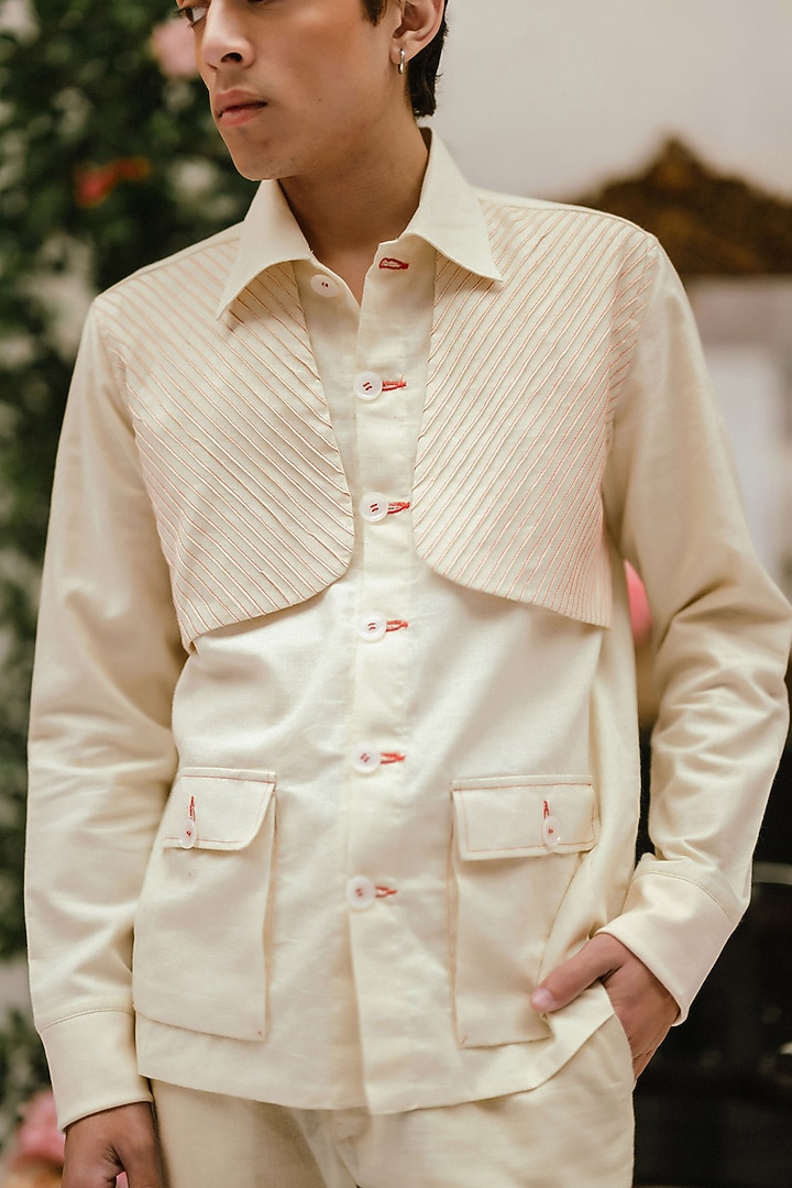 Ivory Handwoven Handcrafted Pintuck Oversized Jacket by VAANI BESWAL MEN at Pernia's Pop Up Shop