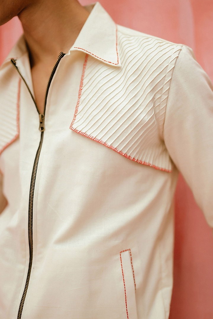 Ivory Handwoven Cotton Pintuck Handcrafted Bomber Jacket by VAANI BESWAL MEN at Pernia's Pop Up Shop