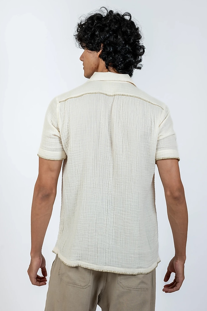 Ivory Organic Muslin Gauze Applique Work Party Wear Shirt by VAANI BESWAL MEN at Pernia's Pop Up Shop