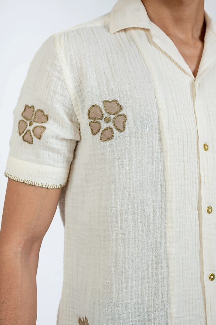 Ivory Organic Muslin Gauze Applique Work Party Wear Shirt by VAANI BESWAL MEN at Pernia's Pop Up Shop