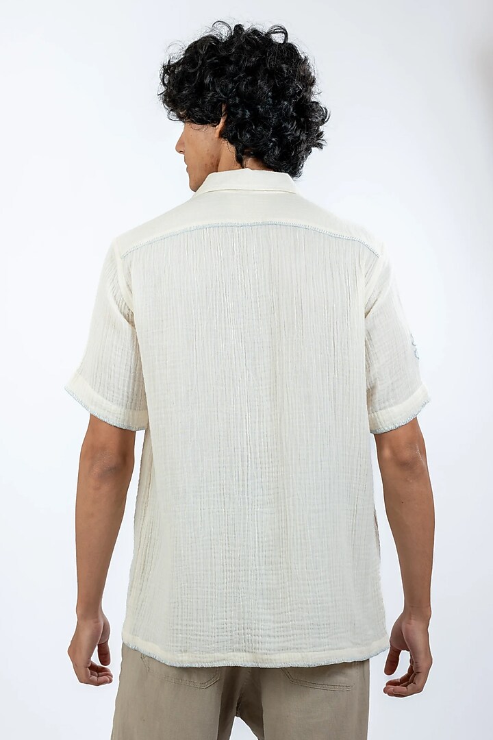 Ivory Organic Muslin Gauze Applique Work Party Wear Shirt by VAANI BESWAL MEN at Pernia's Pop Up Shop