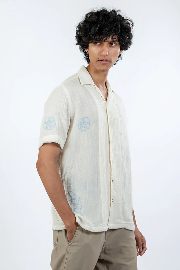 Ivory Organic Muslin Gauze Applique Work Party Wear Shirt by VAANI BESWAL MEN at Pernia's Pop Up Shop