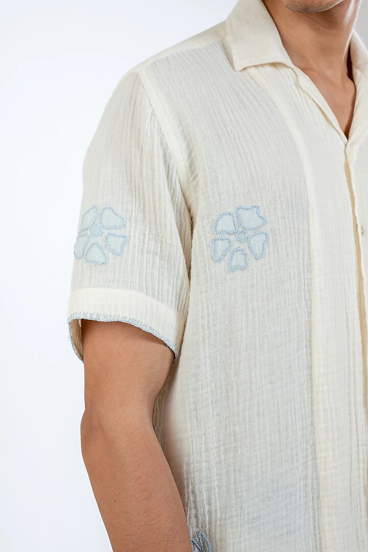 Ivory Organic Muslin Gauze Applique Work Party Wear Shirt by VAANI BESWAL MEN at Pernia's Pop Up Shop