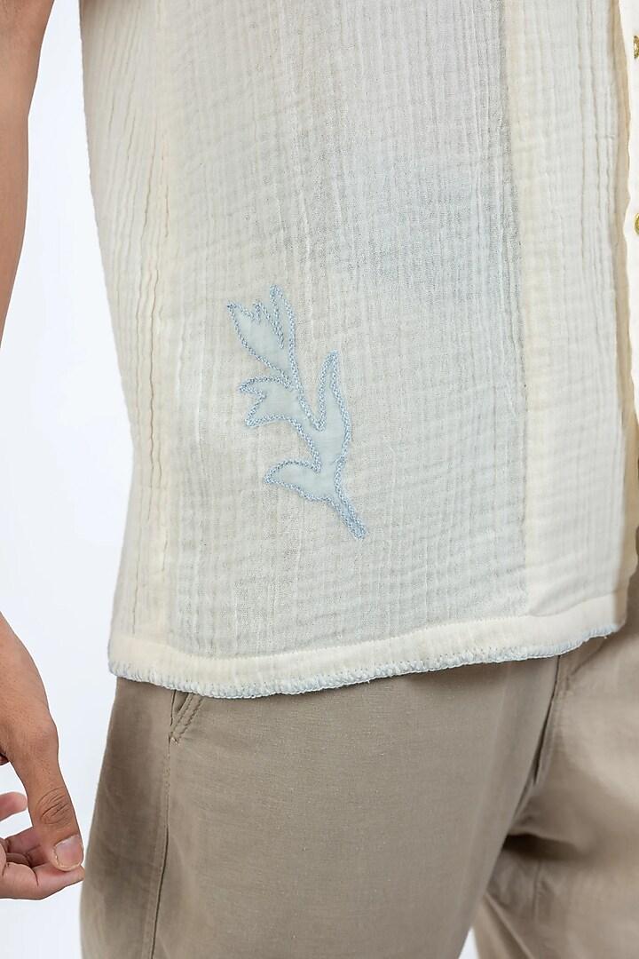 Ivory Organic Muslin Gauze Applique Work Party Wear Shirt by VAANI BESWAL MEN at Pernia's Pop Up Shop