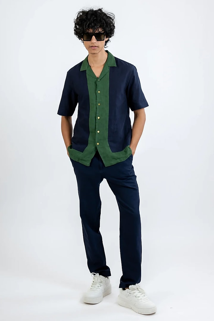 Blue Handwoven Cotton Color-Block Shirt by VAANI BESWAL MEN