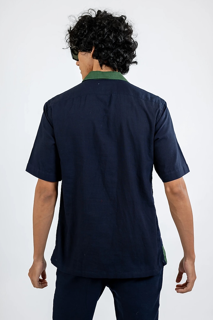 Blue Handwoven Cotton Color-Block Party Wear Shirt by VAANI BESWAL MEN at Pernia's Pop Up Shop