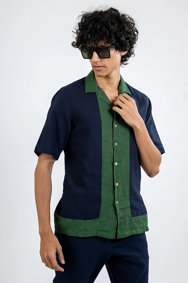 Blue Handwoven Cotton Color-Block Party Wear Shirt by VAANI BESWAL MEN at Pernia's Pop Up Shop