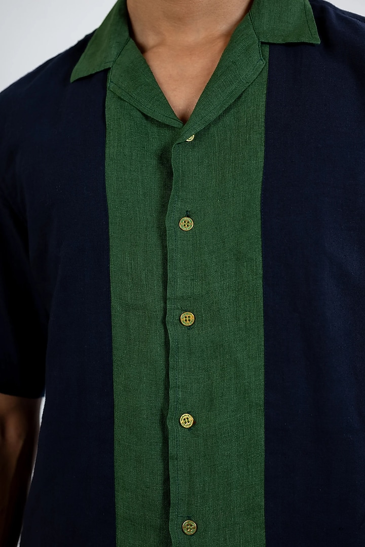 Blue Handwoven Cotton Color-Block Party Wear Shirt by VAANI BESWAL MEN at Pernia's Pop Up Shop