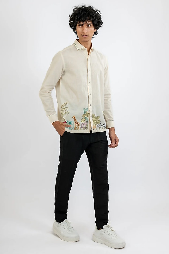 Ivory Handwoven Cotton Hand Embroidered Shirt by VAANI BESWAL MEN