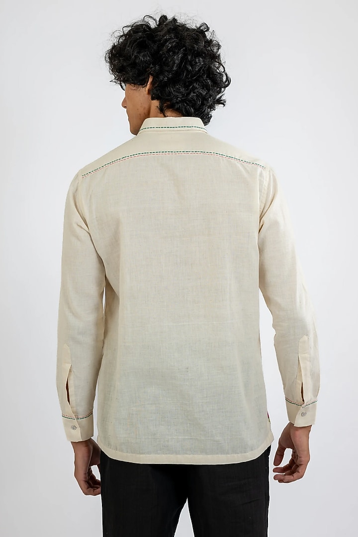 Ivory Handwoven Cotton Hand Embroidered Party Wear Shirt by VAANI BESWAL MEN at Pernia's Pop Up Shop