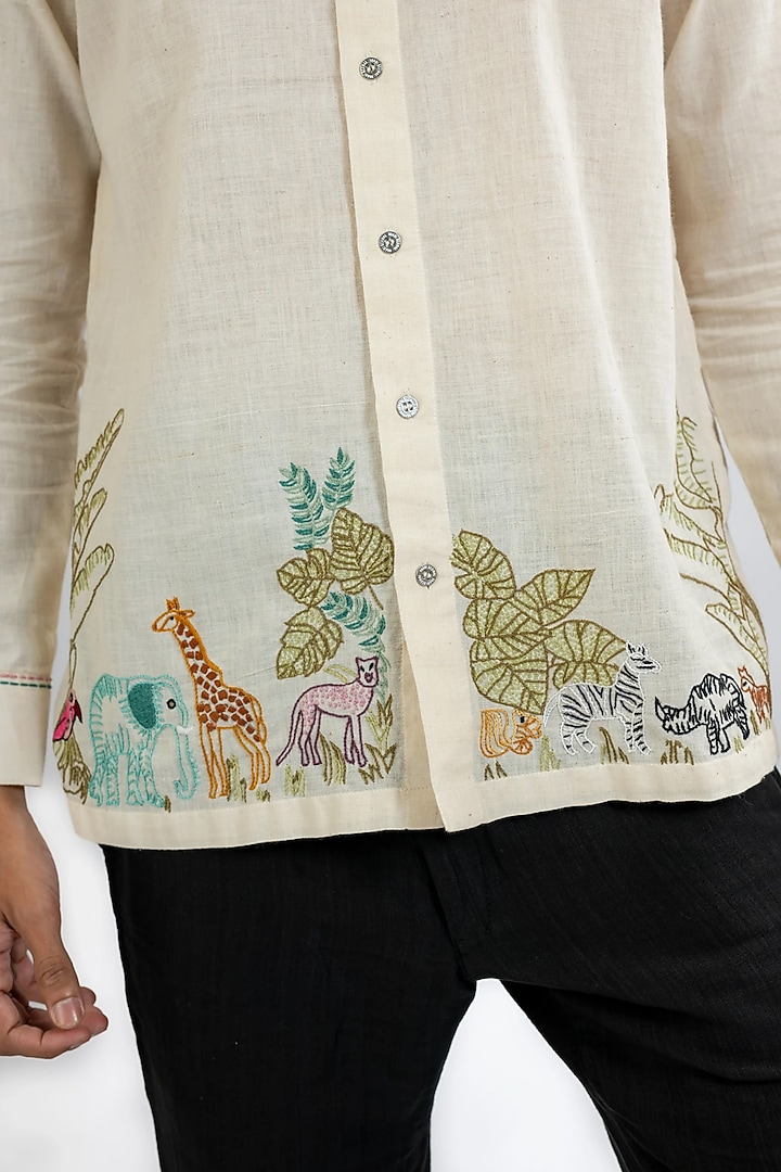 Ivory Handwoven Cotton Hand Embroidered Party Wear Shirt by VAANI BESWAL MEN at Pernia's Pop Up Shop
