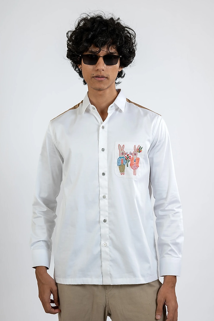 White Cotton Hand Embroidered Party Wear Shirt by VAANI BESWAL MEN at Pernia's Pop Up Shop