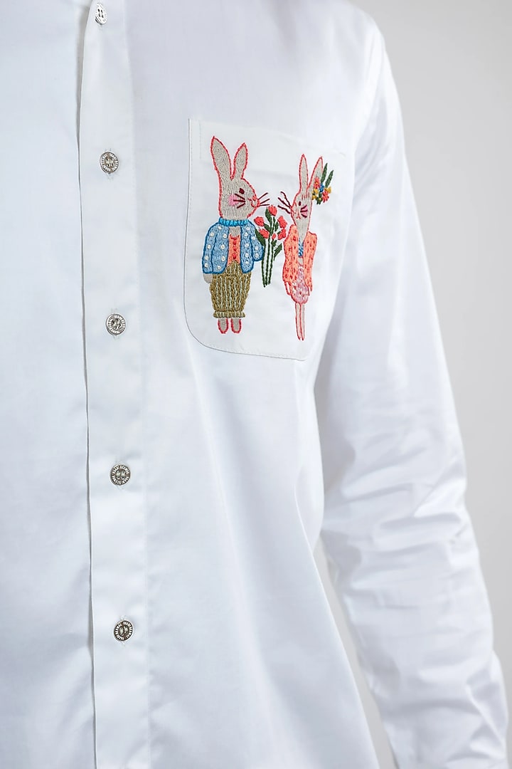 White Cotton Hand Embroidered Party Wear Shirt by VAANI BESWAL MEN at Pernia's Pop Up Shop