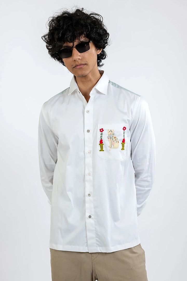 White Cotton Hand Embroidered Party Wear Shirt by VAANI BESWAL MEN at Pernia's Pop Up Shop
